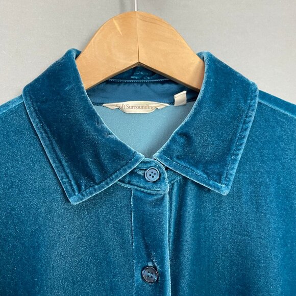 Soft Surroundings Velvet Top Blouse Button-Up Stretch Sz Medium Teal Long Sleeve - Picture 13 of 15